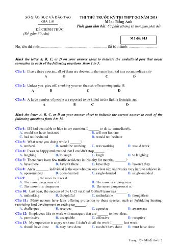 Đề thi thử trước kỳ thi THPT Quốc gia năm 2018 môn Tiếng Anh - Sở GD&ĐT Gia Lai - Mã đề 015