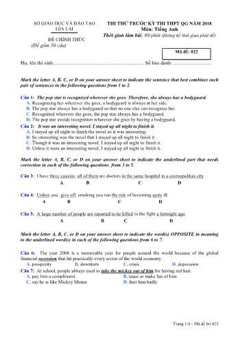 Đề thi thử trước kỳ thi THPT Quốc gia năm 2018 môn Tiếng Anh - Sở GD&ĐT Gia Lai - Mã đề 022