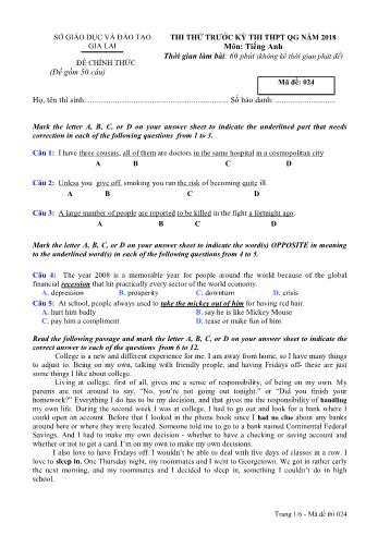 Đề thi thử trước kỳ thi THPT Quốc gia năm 2018 môn Tiếng Anh - Sở GD&ĐT Gia Lai - Mã đề 024