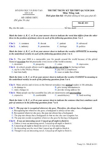Đề thi thử trước kỳ thi THPT Quốc gia năm 2018 môn Tiếng Anh - Sở GD&ĐT Gia Lai - Mã đề 011
