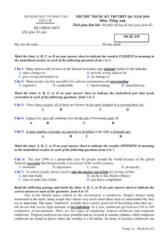 Đề thi thử trước kỳ thi THPT Quốc gia năm 2018 môn Tiếng Anh - Sở GD&ĐT Gia Lai - Mã đề 018