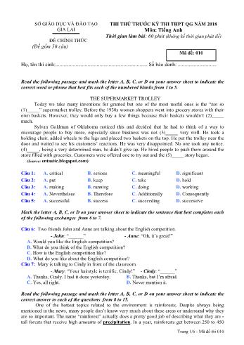 Đề thi thử trước kỳ thi THPT Quốc gia năm 2018 môn Tiếng Anh - Sở GD&ĐT Gia Lai - Mã đề 010