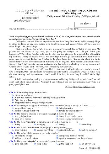 Đề thi thử trước kỳ thi THPT Quốc gia năm 2018 môn Tiếng Anh - Sở GD&ĐT Gia Lai - Mã đề 016