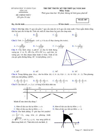 Đề thi thử trước kỳ thi THPT Quốc gia năm 2018 môn Toán học - Sở GD&ĐT Gia Lai - Mã đề 007