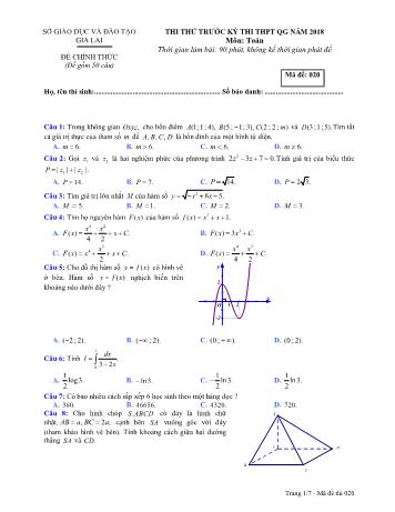 Đề thi thử trước kỳ thi THPT Quốc gia năm 2018 môn Toán học - Sở GD&ĐT Gia Lai - Mã đề 020