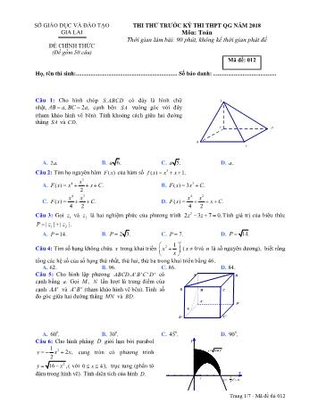 Đề thi thử trước kỳ thi THPT Quốc gia năm 2018 môn Toán học - Sở GD&ĐT Gia Lai - Mã đề 012
