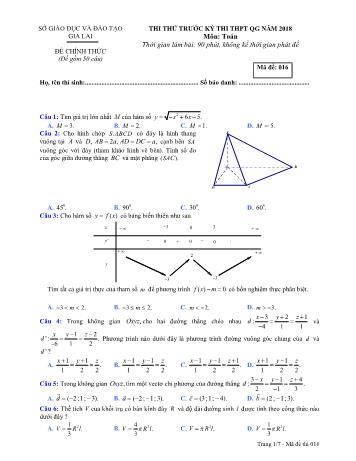 Đề thi thử trước kỳ thi THPT Quốc gia năm 2018 môn Toán học - Sở GD&ĐT Gia Lai - Mã đề 016