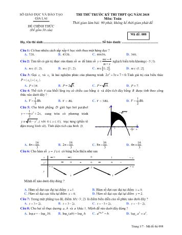 Đề thi thử trước kỳ thi THPT Quốc gia năm 2018 môn Toán học - Sở GD&ĐT Gia Lai - Mã đề 008