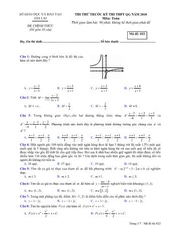 Đề thi thử trước kỳ thi THPT Quốc gia năm 2018 môn Toán học - Sở GD&ĐT Gia Lai - Mã đề 022