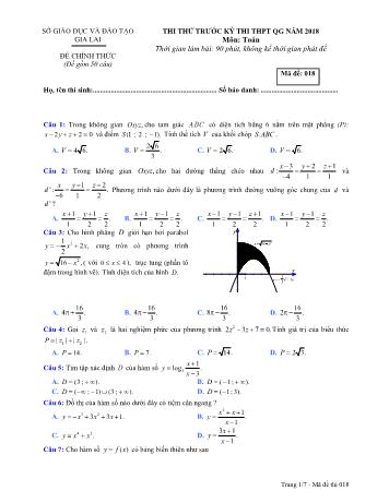 Đề thi thử trước kỳ thi THPT Quốc gia năm 2018 môn Toán học - Sở GD&ĐT Gia Lai - Mã đề 018