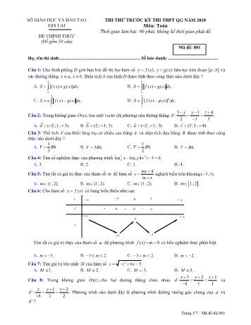 Đề thi thử trước kỳ thi THPT Quốc gia năm 2018 môn Toán học - Sở GD&ĐT Gia Lai - Mã đề 001