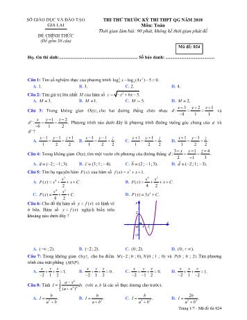 Đề thi thử trước kỳ thi THPT Quốc gia năm 2018 môn Toán học - Sở GD&ĐT Gia Lai - Mã đề 024