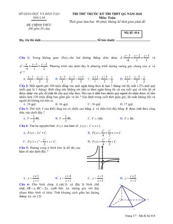 Đề thi thử trước kỳ thi THPT Quốc gia năm 2018 môn Toán học - Sở GD&ĐT Gia Lai - Mã đề 014