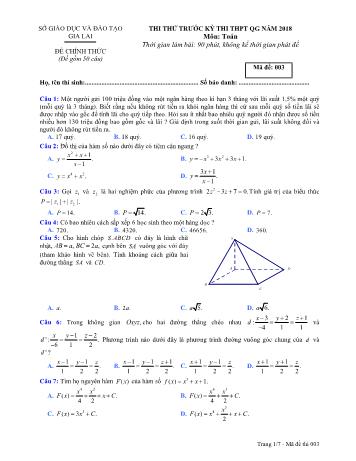 Đề thi thử trước kỳ thi THPT Quốc gia năm 2018 môn Toán học - Sở GD&ĐT Gia Lai - Mã đề 003