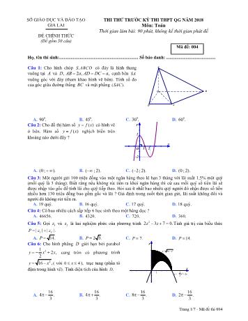 Đề thi thử trước kỳ thi THPT Quốc gia năm 2018 môn Toán học - Sở GD&ĐT Gia Lai - Mã đề 004