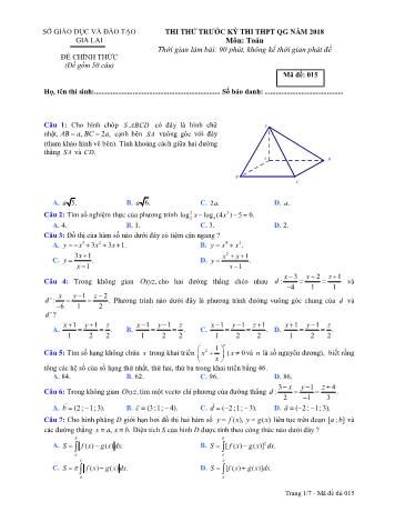 Đề thi thử trước kỳ thi THPT Quốc gia năm 2018 môn Toán học - Sở GD&ĐT Gia Lai - Mã đề 015
