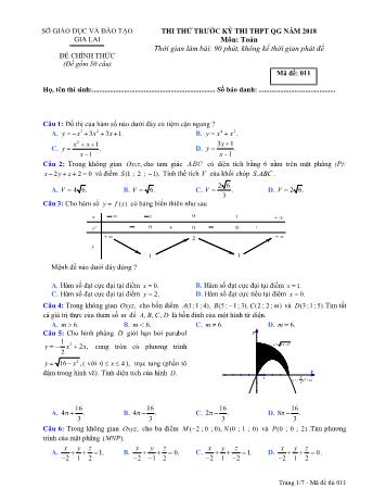 Đề thi thử trước kỳ thi THPT Quốc gia năm 2018 môn Toán học - Sở GD&ĐT Gia Lai - Mã đề 011