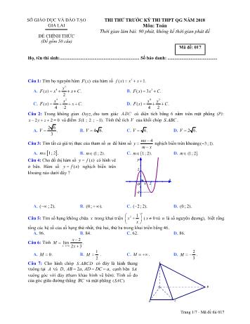 Đề thi thử trước kỳ thi THPT Quốc gia năm 2018 môn Toán học - Sở GD&ĐT Gia Lai - Mã đề 017