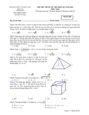 Đề thi thử trước kỳ thi THPT Quốc gia năm 2018 môn Toán học - Sở GD&ĐT Gia Lai - Mã đề 009