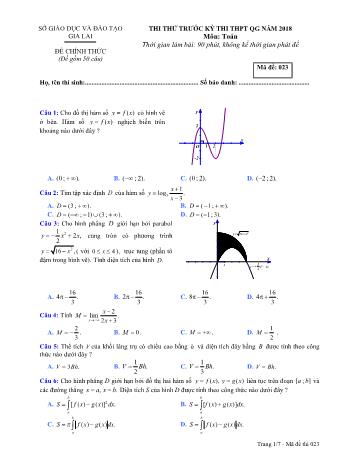 Đề thi thử trước kỳ thi THPT Quốc gia năm 2018 môn Toán học - Sở GD&ĐT Gia Lai - Mã đề 023