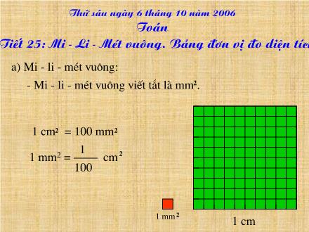 Bài giảng Toán 5 - Tiết 25: Mi-Li-Mét vuông. Bảng đơn vị đo diện tích