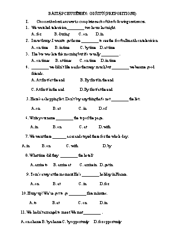 Bài tập Chuyên đề 6: Giới từ (prepositions)