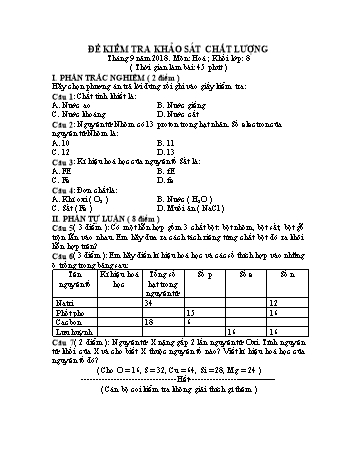 Đề kiểm tra khảo sát chất lượng môn Hóa học 8 - Năm học 2018-2019 (Có đáp án)
