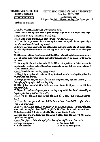 Đề thi chọn HSG Lớp 9 cấp huyện môn Sinh học - Năm học 2017-2018 (Có đáp án)