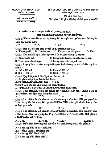 Đề thi chọn HSG Lớp 9 cấp huyện Sinh học - Năm học 2018-2019 (Có đáp án)