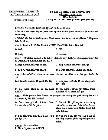 Đề thi chọn HSG Lớp 9 môn Lịch sử - Năm học 2018-2019 (Có đáp án)