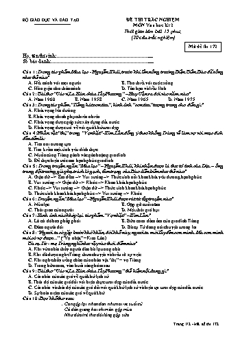 Đề thi trắc nghiệm 15 phút Văn học 12 (Mã đề 172)