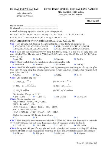 Đề thi tuyển sinh Đại học, Cao đẳng môn Hóa học khối A - Mã đề 605 (Kèm đáp án)