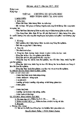 Giáo án Vật lí Lớp 9 - Tiết 45: Chương III Quang học. Hiện tượng khúc xạ ánh sáng - Năm học 2017-2018