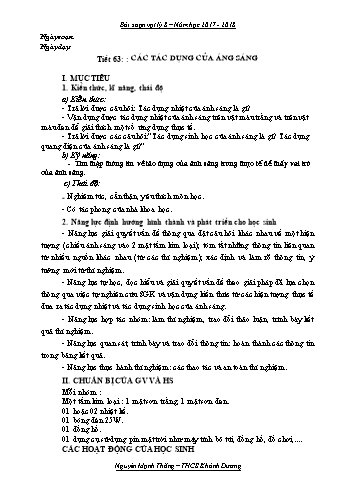 Giáo án Vật lí Lớp 9 - Tiết 63: Các tác dụng của ánh sáng - Năm học 2017-2018
