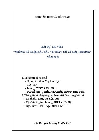 Bài dự thi Những kỷ niệm sâu sắc về thầy cô và mái trường - Phạm Thị Thu Ngân