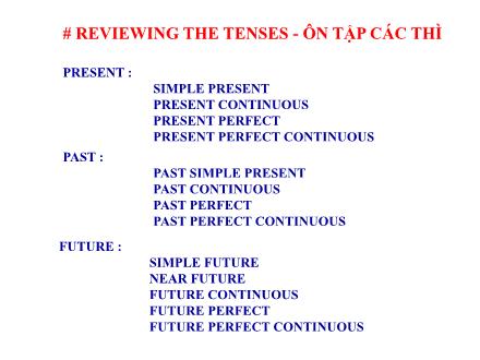 Bài giảng Tiếng Anh Lớp 12 - Ôn tập các thì - Trường THPT Đoàn Kết Bài giảng Tiếng Anh Lớp 12 - Ôn tập các thì - Trường THPT Đoàn Kết