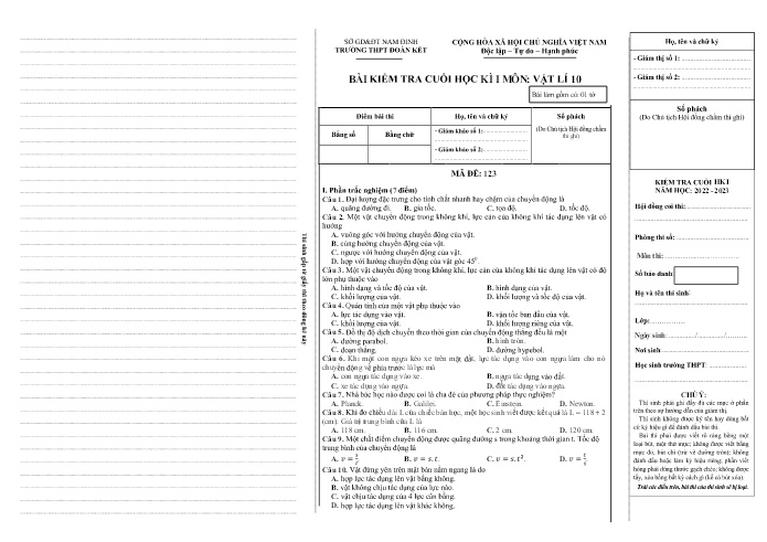 Bài kiểm tra cuối học kì 1 Vật lí Lớp 10 - Mã đề: 123 - Năm học 2022-2023 - Trường THPT Đoàn Kết Bài kiểm tra cuối học kì 1 Vật lí Lớp 10 - Mã đề: 123 - Năm học 2022-2023 - Trường THPT Đoàn Kết