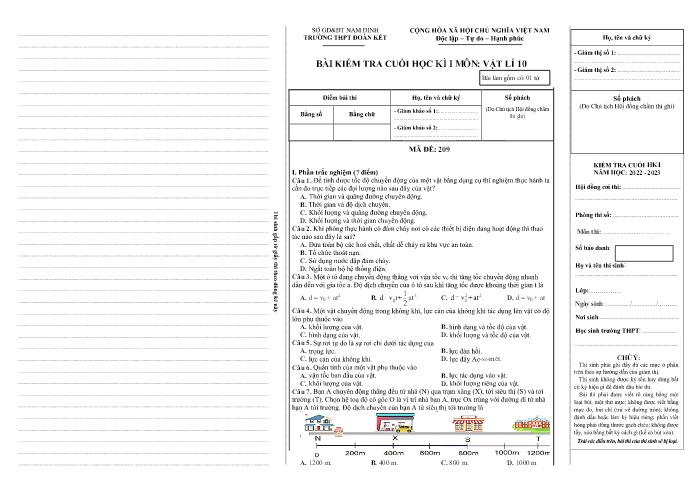 Bài kiểm tra cuối học kì 1 Vật lí Lớp 10 - Mã đề: 209 - Năm học 2022-2023 - Trường THPT Đoàn Kết