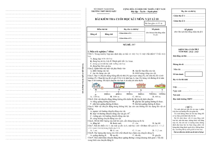 Bài kiểm tra cuối học kì 1 Vật lí Lớp 10 - Mã đề: 357 - Năm học 2022-2023 - Trường THPT Đoàn Kết