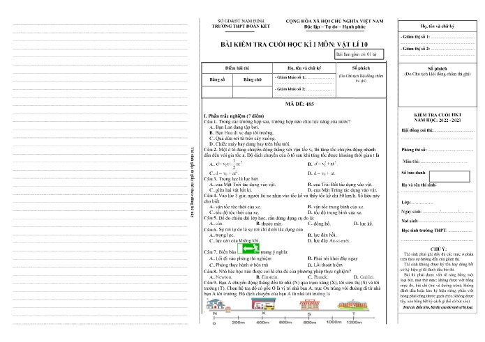 Bài kiểm tra cuối học kì 1 Vật lí Lớp 10 - Mã đề: 485 - Năm học 2022-2023 - Trường THPT Đoàn Kết