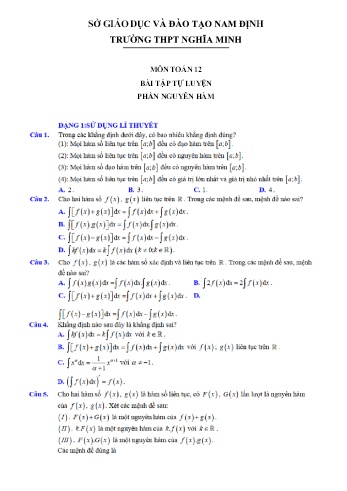 Bài tập tự luyện Toán Lớp 12 - Nguyên hàm - Trường THPT Nghĩa Minh