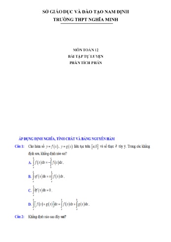 Bài tập tự luyện Toán Lớp 12 - Tích phân - Trường THPT Nghĩa Minh