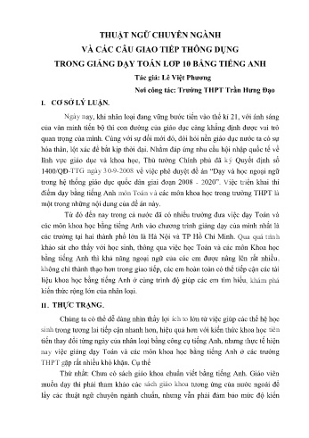 Chuyên Thuật ngữ chuyên ngành và các câu giao tiếp thông dụng trong giảng dạy Toán Lớp 10 bằng Tiếng Anh - Trường THPT Trần Hưng Đạo Chuyên Thuật ngữ chuyên ngành và các câu giao tiếp thông dụng trong giảng dạy Toán Lớp 10 bằng Tiếng Anh - Trường THPT Trần Hưng Đạo