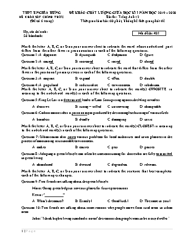 Đề khảo sát chất lượng giữa học kì 1 Tiếng Anh Lớp 12 - Mã đề: 401 - Năm học 2019-2020 - Trường THPT B Nghĩa Hưng