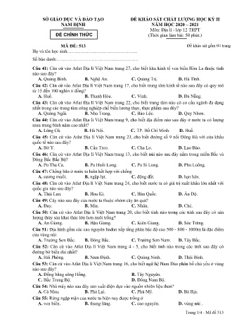 Đề khảo sát chất lượng học kì 2 Địa lí Lớp 12 - Mã đề: 513 - Năm học 2020-2021 - Sở GD&ĐT Nam Định (Có đáp án)