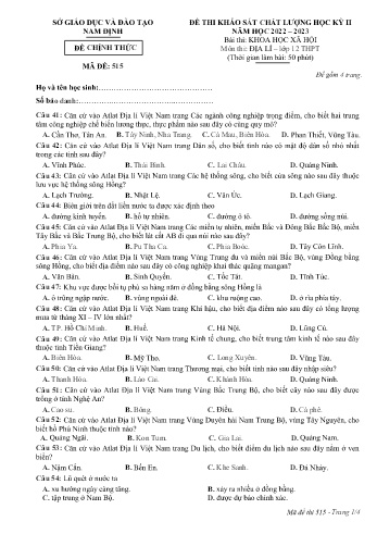 Đề khảo sát chất lượng học kì 2 Địa lí Lớp 12 - Mã đề: 515 - Năm học 2022-2023 - Sở GD&ĐT Nam Định
