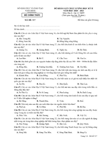 Đề khảo sát chất lượng học kì 2 Địa lí Lớp 12 - Mã đề: 517 - Năm học 2020-2021 - Sở GD&ĐT Nam Định (Có đáp án)