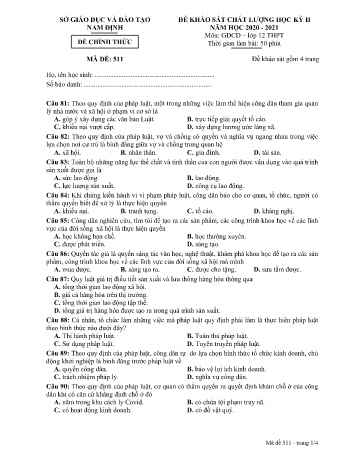 Đề khảo sát chất lượng học kì 2 Giáo dục công dân Lớp 12 - Mã đề: 511 - Năm học 2020-2021 - Sở GD&ĐT Nam Định (Có đáp án)