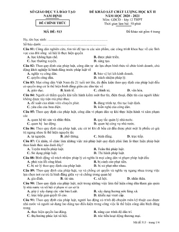 Đề khảo sát chất lượng học kì 2 Giáo dục công dân Lớp 12 - Mã đề: 513 - Năm học 2020-2021 - Sở GD&ĐT Nam Định (Có đáp án)