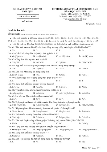 Đề khảo sát chất lượng học kì 2 Hóa học Lớp 12 - Mã đề: 402 - Năm học 2022-2023 - Sở GD&ĐT Nam Định (Có đáp án)